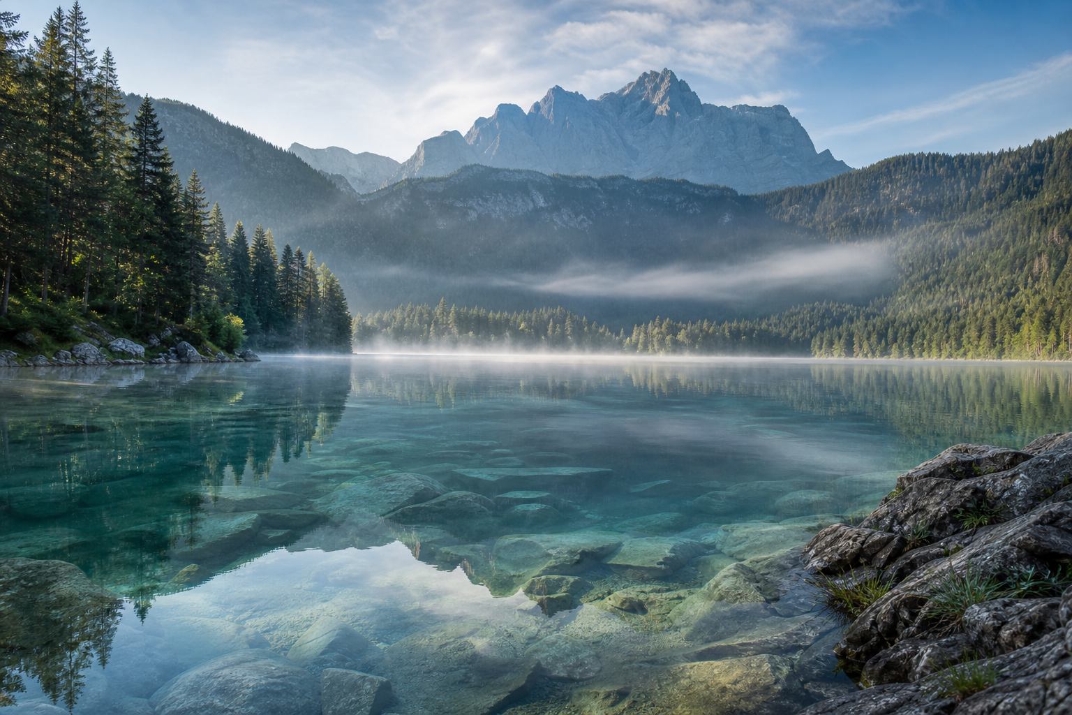 Alpiner See mit klarem Wasser und Bergkulisse