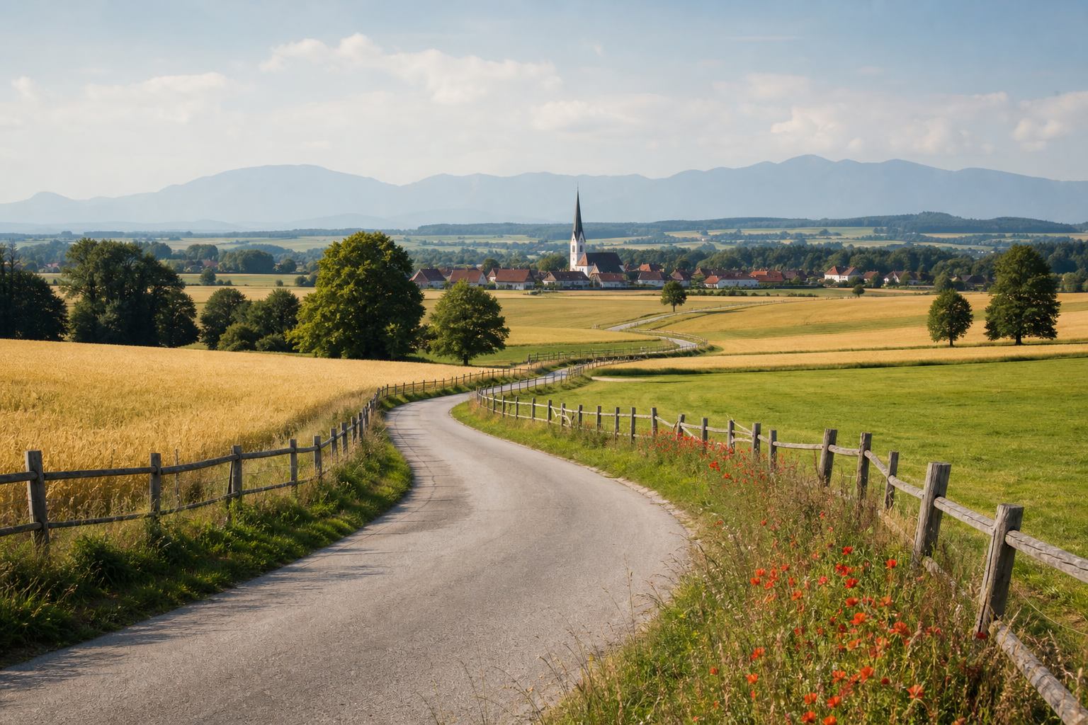 Weite Getreidefelder und Dörfer vor Hügeln in Bayern