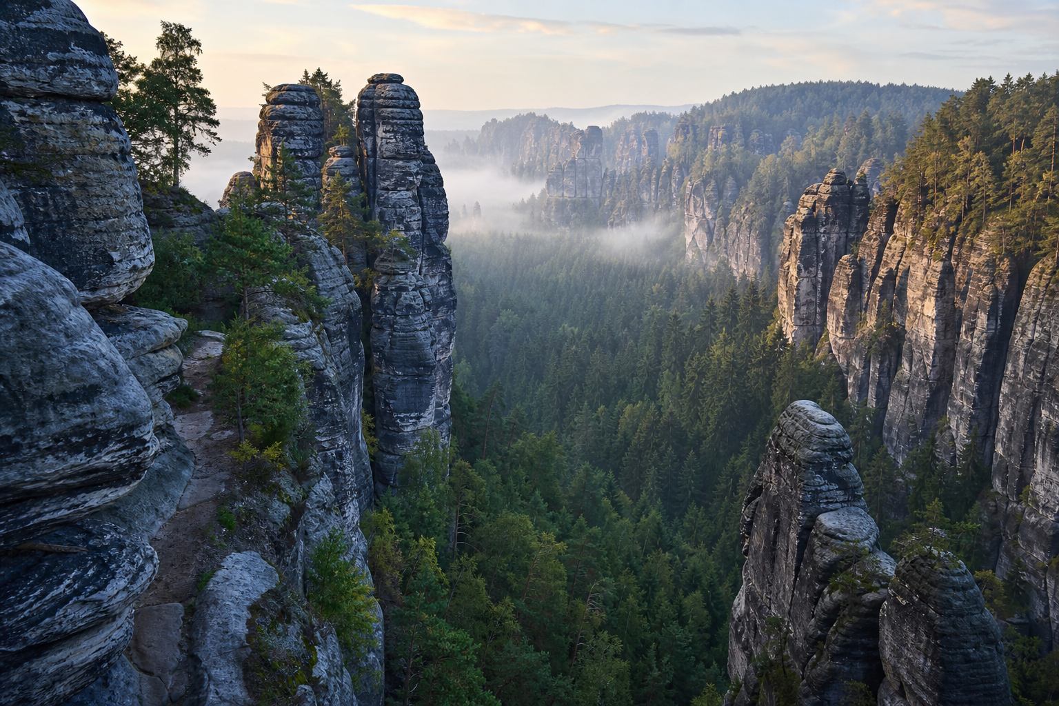 Felsformationen und Waldwege in Mitteldeutschland