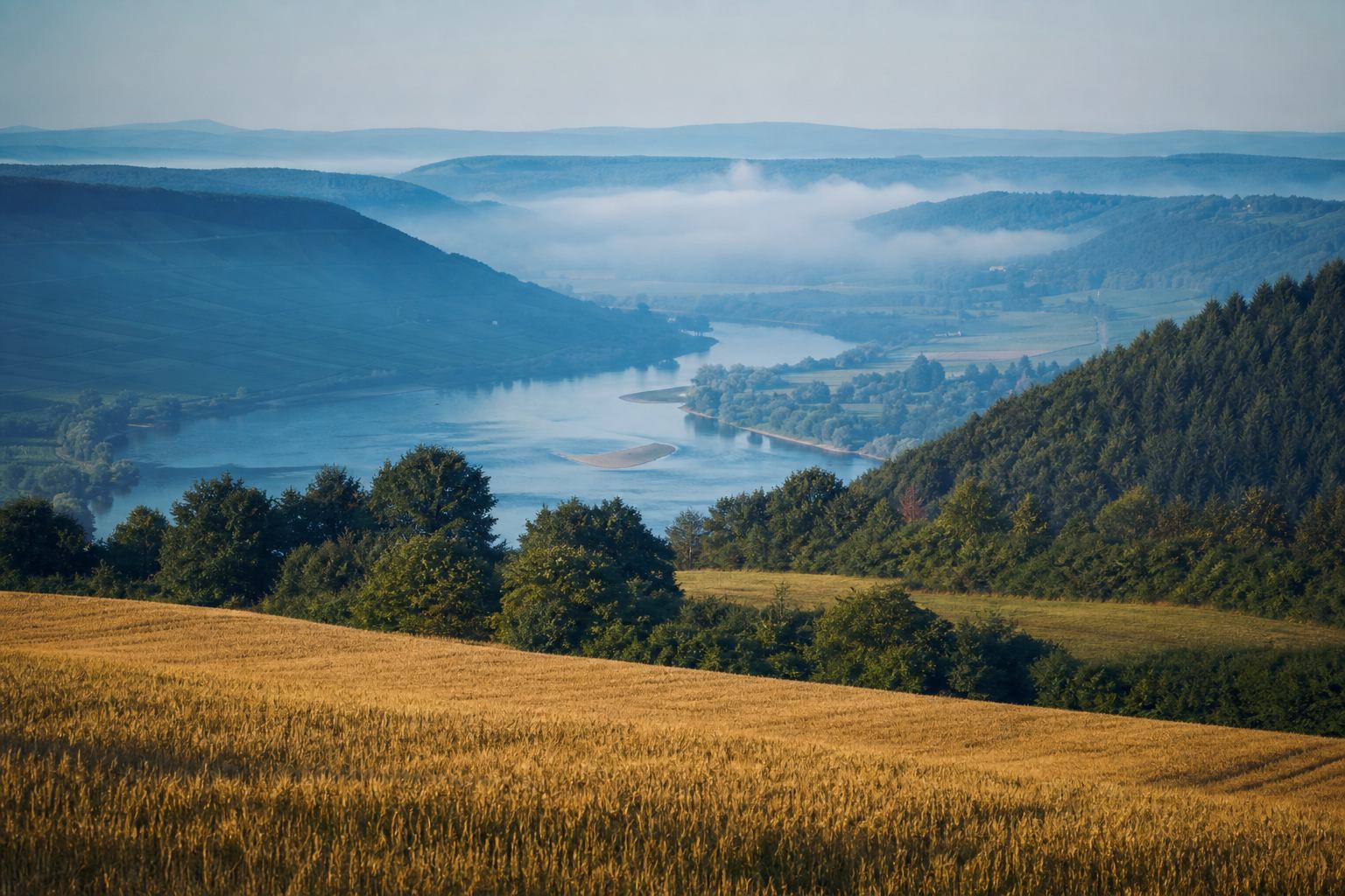 Panorama deutscher Landschaften mit Feldern und blauen Hügeln
