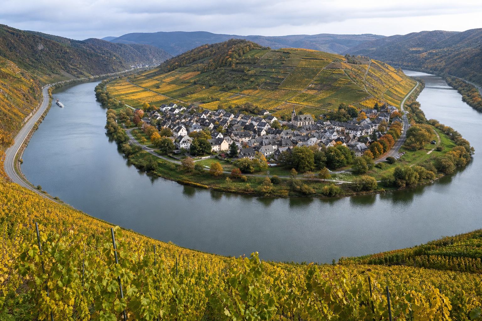 Steile Weinberge und Flussschleife an der Mosel