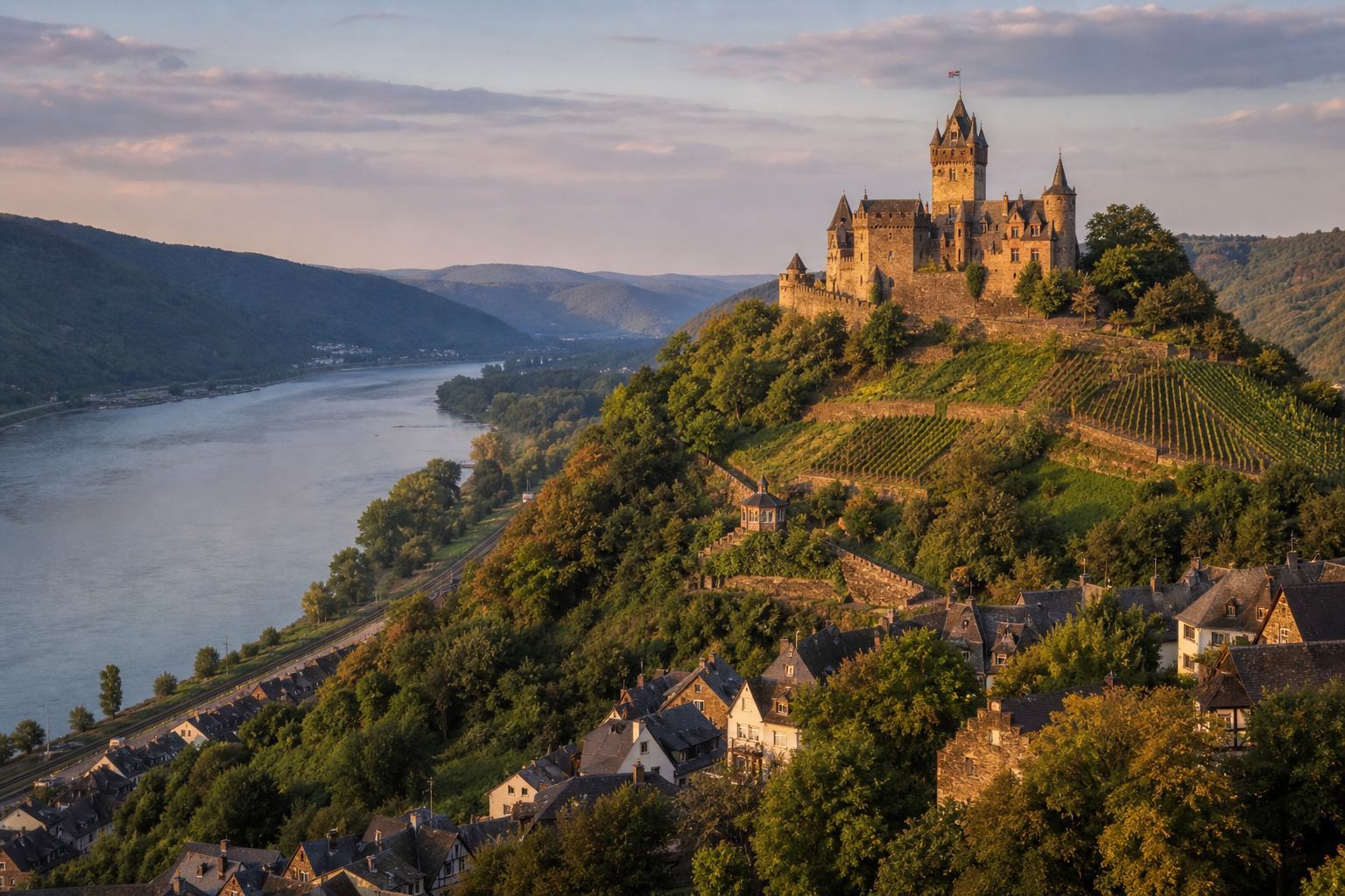 Burg über dem Rheintal mit Flussschleife